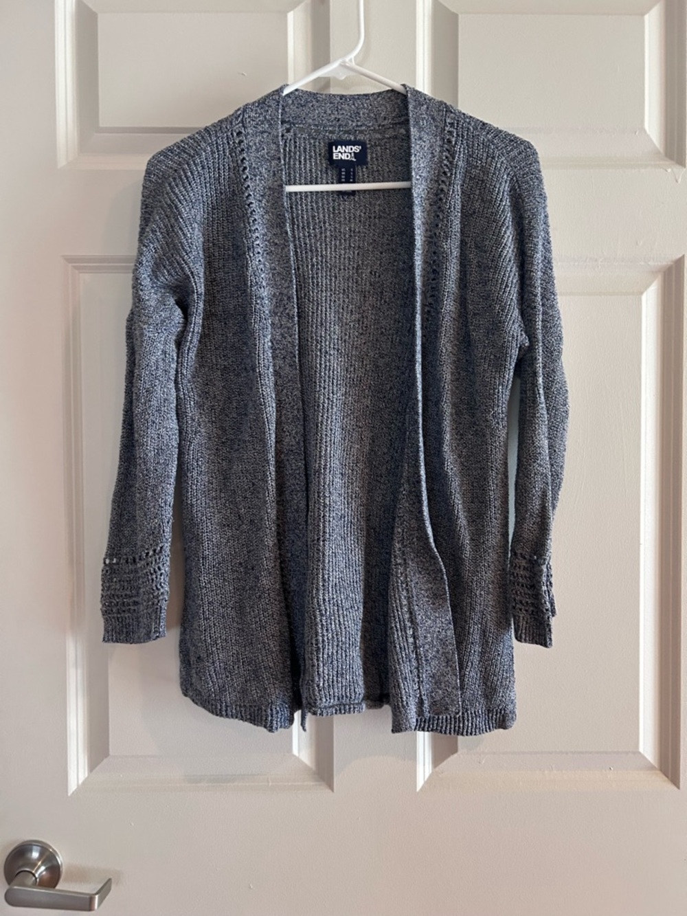 Lands' End Blue Marl Open-Front Knit Cardigan Linen Cotton Blend